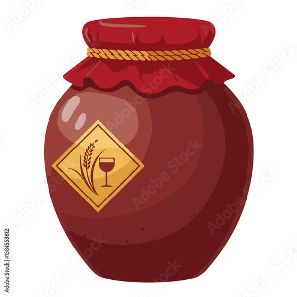 Fototapeta Ceramic jar of Chinese rice wine with traditional label design. Flat vector on transparent background.