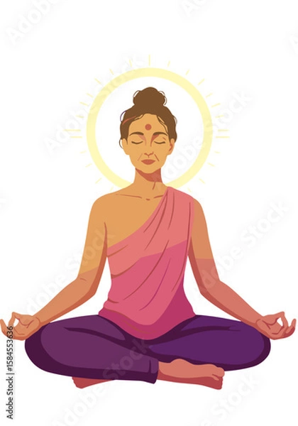 Fototapeta Meditating woman with halo sitting in lotus position. Flat vector on transparent background