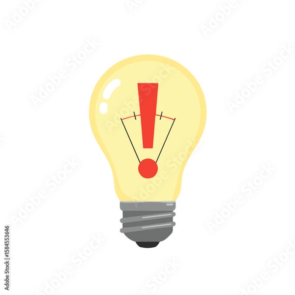 Fototapeta Light bulb with exclamation mark symbolizing warning. Flat vector on transparent background.