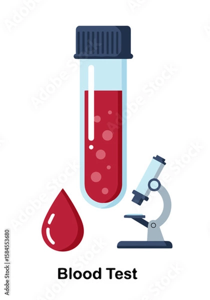 Fototapeta Blood analysis using a test tube and microscope. Flat vector on a transparent background, Suitable for infographics and medical materials.