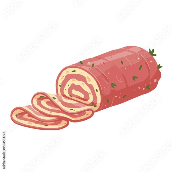 Fototapeta Ham roll with visible layers (ham, cheese, herbs), sliced into pieces, flat vector concept isolated on transparent background. 