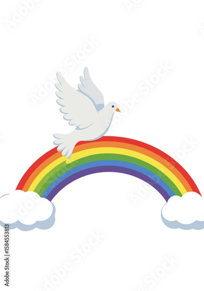 Fototapeta Rainbow with flying dove. Flat vector on white background.