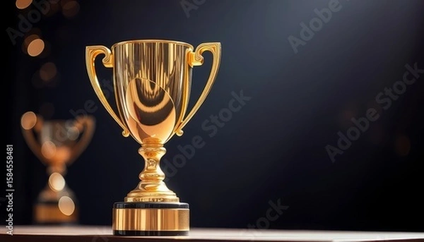 Fototapeta Celebrate Achievement with a Gleaming Gold Trophy on Stage under Lights for Victory, Awards, or Corporate Recognition Events