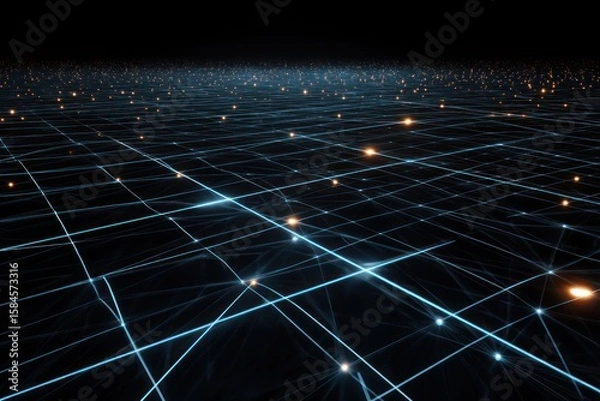 Fototapeta Geometric digital grid with glowing lines illustrating the fusion of quantum computing, AI, and IoT.