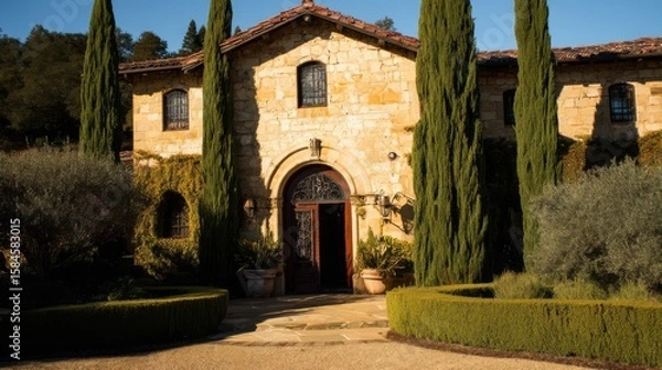 Fototapeta Charming stone-built house with terracotta-tiled roof, arched wooden doorway, tall cypress trees, potted plants, manicured hedges, climbing vines, and serene countryside setting.