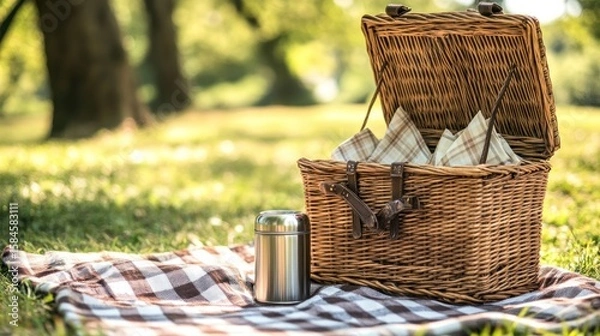 Fototapeta A beautiful, empty wicker picnic basket, open on a checkered blanket, with a thermos and linen napkins ready to be packed, awaiting a sunny day adventure, nostalgic and bright.