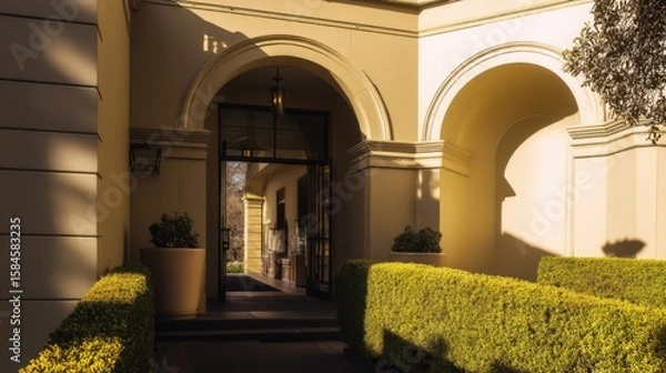 Fototapeta Elegant building entrance with warm golden sunlight, two rounded arches, open glass-paned door, ornate lantern, cylindrical planters, manicured shrubs, trimmed hedges, neutral walls, and soft shadows.
