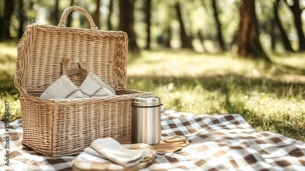 Fototapeta A beautiful, empty wicker picnic basket, open on a checkered blanket, with a thermos and linen napkins ready to be packed, awaiting a sunny day adventure, nostalgic and bright