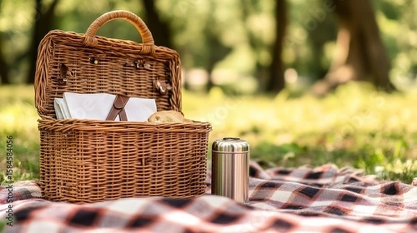 Fototapeta A beautiful, empty wicker picnic basket, open on a checkered blanket, with a thermos and linen napkins ready to be packed, awaiting a sunny day adventure, nostalgic and bright.