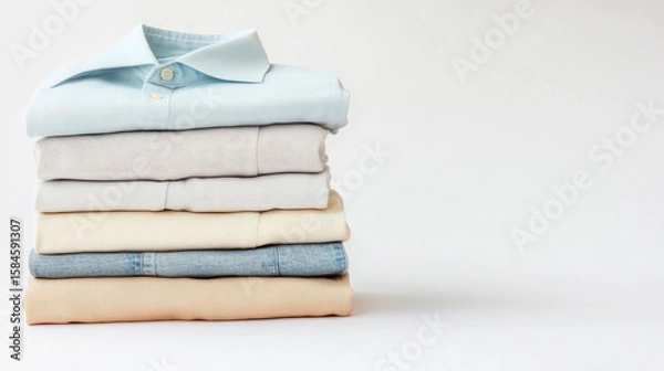 Fototapeta A stack of clean, folded shirts and jeans on a white background.