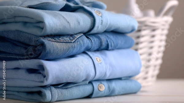 Fototapeta A stack of clean, folded shirts and jeans on a white background.