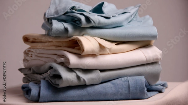Fototapeta A stack of clean, folded shirts and jeans on a white background.