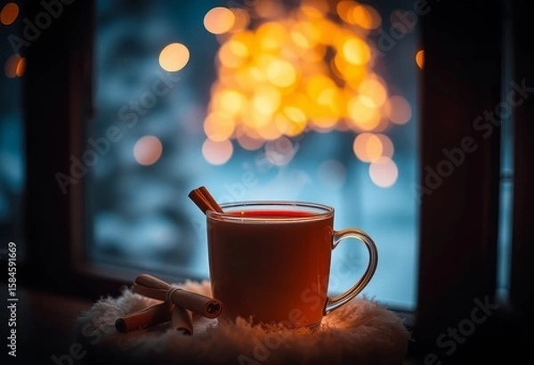 Fototapeta  Enjoy Winter Comfort with a Steaming Cinnamon Drink and Soft Twinkling Lights by a Snowy Festive Window Setting