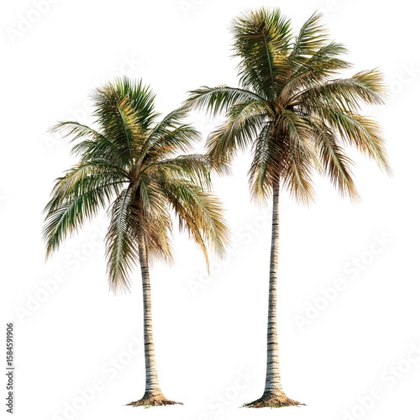Fototapeta Two realistic coconut tree cutouts on a white background, high-resolution photography.