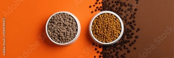 Fototapeta Pet Food Product Comparison Showcasing Different Textures and Colors of Dry Kibble for Dogs and Cats