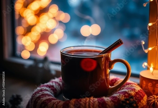 Fototapeta  Enjoy Winter Comfort with a Steaming Cinnamon Drink and Soft Twinkling Lights by a Snowy Festive Window Setting
