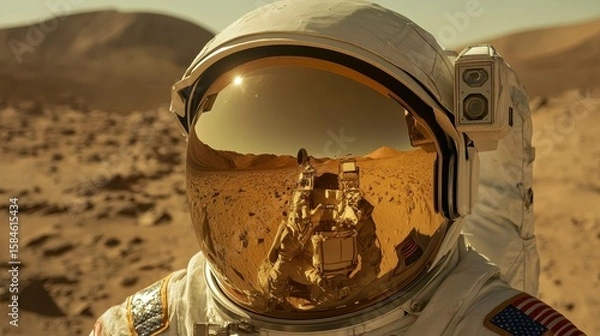 Fototapeta Astronaut in Space Suit with Reflective Helmet on Martian Landscape