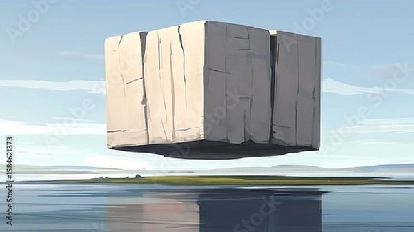Obraz Bright sky island scene with natural cliffs and green vegetation, vibrant atmosphere and soft blue sky surrounding the hovering rock mass, digital illustration, digital painting