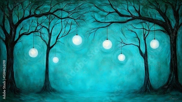 Obraz Magical forest with radiant crystals suspended midair, tall tree trunks framing glowing orbs, soft misty background depth, natural textures illuminated by ethereal light, digital illustration,