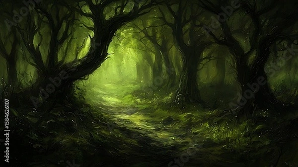 Fototapeta Lush green forest filled with enchanted floating minerals emitting soft glow, vibrant foliage illuminated by natural light, mystical particles surrounding glowing elements, serene and magical