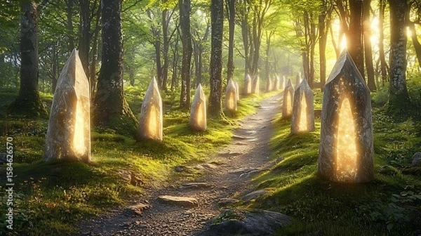Obraz Lush green forest filled with enchanted floating minerals emitting soft glow, vibrant foliage illuminated by natural light, mystical particles surrounding glowing elements, serene and magical