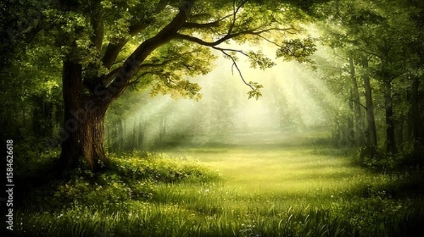 Obraz Lush green forest filled with enchanted floating minerals emitting soft glow, vibrant foliage illuminated by natural light, mystical particles surrounding glowing elements, serene and magical
