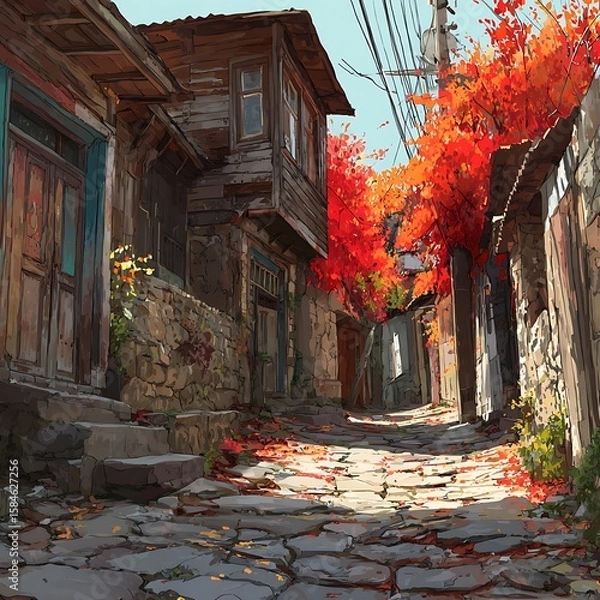 Fototapeta Historic street scene featuring wooden architecture and red-orange foliage, fallen leaves layering stone pavement, soft warm light creating peaceful mood, nostalgic autumn setting, digital illustratio