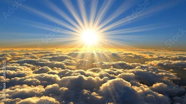Fototapeta High-detail panoramic cloudscape, tranquil morning light shining softly between cloud tufts, vast open sky view, serene and dreamy atmosphere, digital illustration