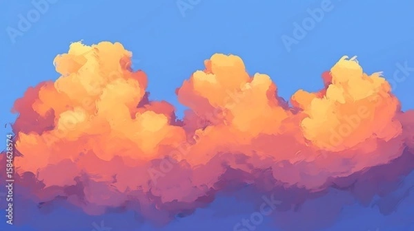 Fototapeta High-detail rendering of soft clouds floating in a clear blue sky, sunlight filtering with pastel orange and pink tones, expansive view creating tranquil atmosphere, digital painting