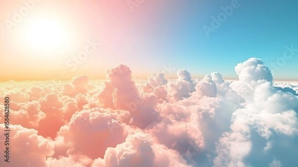 Obraz High-detail rendering of soft clouds floating in a clear blue sky, sunlight filtering with pastel orange and pink tones, expansive view creating tranquil atmosphere, digital painting