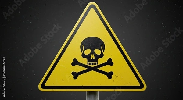 Fototapeta Yellow triangular warning sign featuring a skull and crossbones symbol