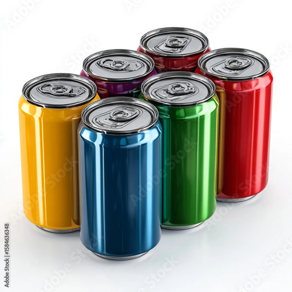 Fototapeta A 3D rendering of an isolated aluminum soda can, a blank metal container for an energy drink or beer, against a white background