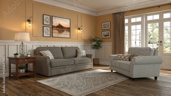 Obraz living room with gray sofa