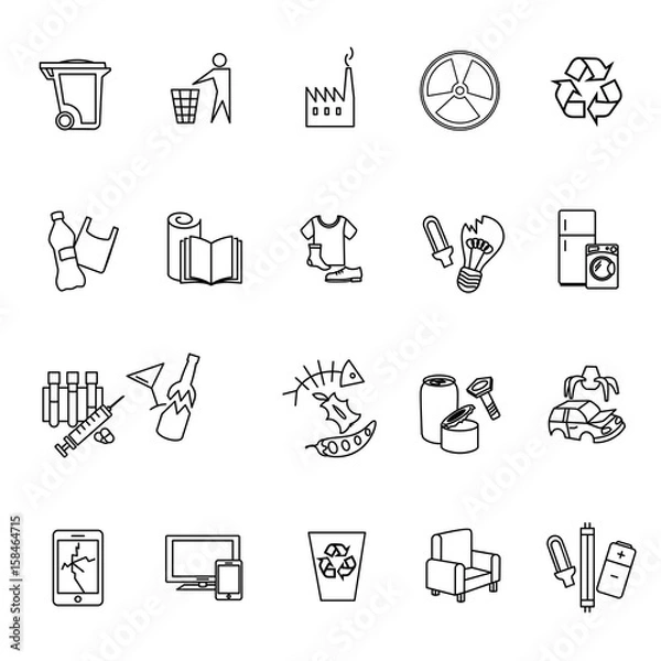 Fototapeta Simple Set of Garbage Related Vector Line Icons. Contains such Icons as Cardboard, Organic Waste, Plastic, Aluminium Can and more