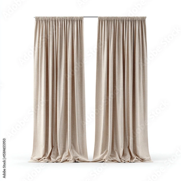 Fototapeta Two beige linen curtains hanging open on a white background