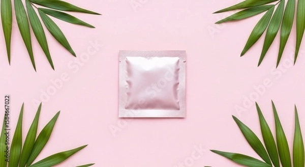 Obraz Product mockup with palm leaves on pink background for beauty and skincare packaging design concept