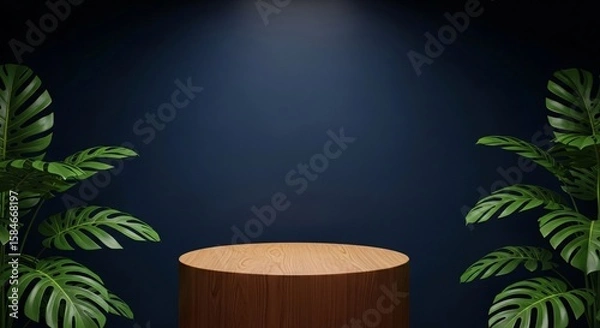 Obraz Product display mockup with tropical leaves and wooden podium for presentation and advertising needs