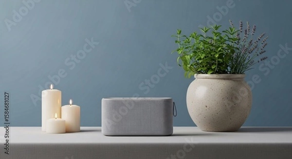 Obraz Stylish bluetooth speaker with candles and plants for home decor and interior design ideas style and comfort