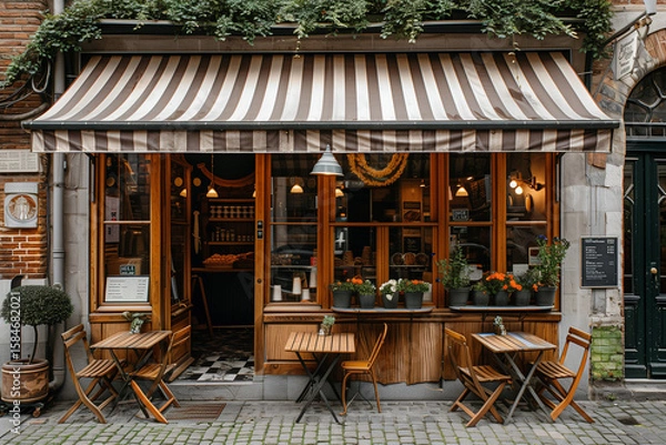 Fototapeta Charming European corner coffee shop with striped awning, arched windows, vintage tables, and afternoon sunlight.