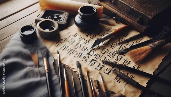 Obraz Calligraphy Master’s Workspace – Brushes dipped in ink parch