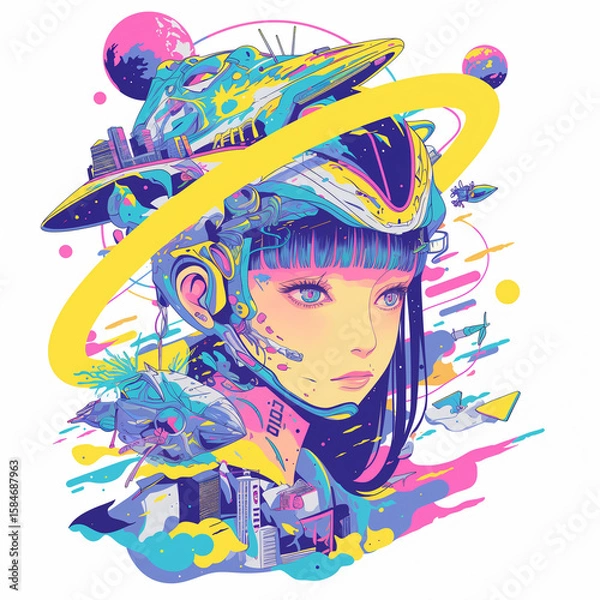 Fototapeta 女性と宇宙のコラージュイラスト