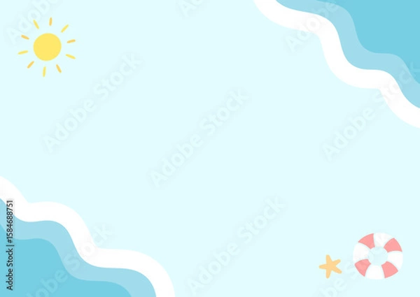 Fototapeta 夏の海のかわいい背景イラスト、ビーチの太陽と浮き輪