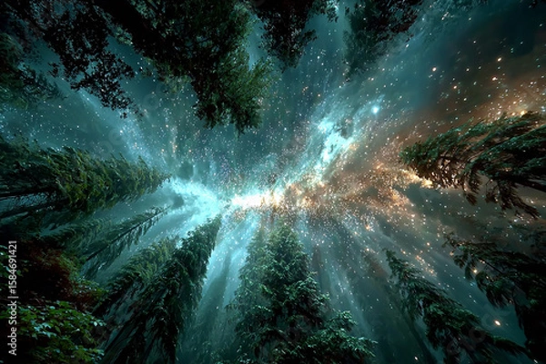 Fototapeta A beautiful tunnel of light through a misty forest path with green trees and morning sunlight