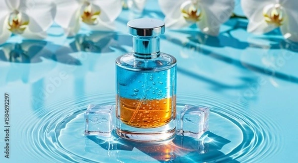 Obraz Perfume bottle photography blue and orange fragrance product shot with ice cubes and white orchids view