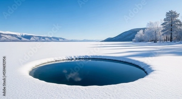 Obraz Winter wonderland scene of frozen lake with ice hole and snow covered trees on a clear sunny day
