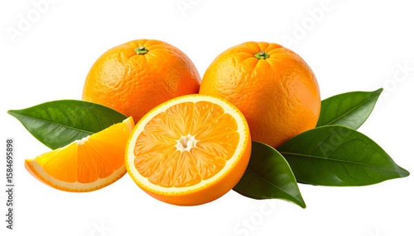 Obraz Fresh Oranges with Green Leaves, Showing Sections and Whole Fruits