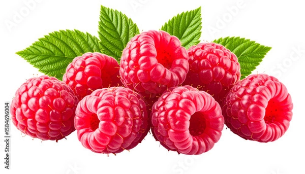 Obraz Fresh raspberries with vibrant green leaves, showcasing their juicy texture and bright color