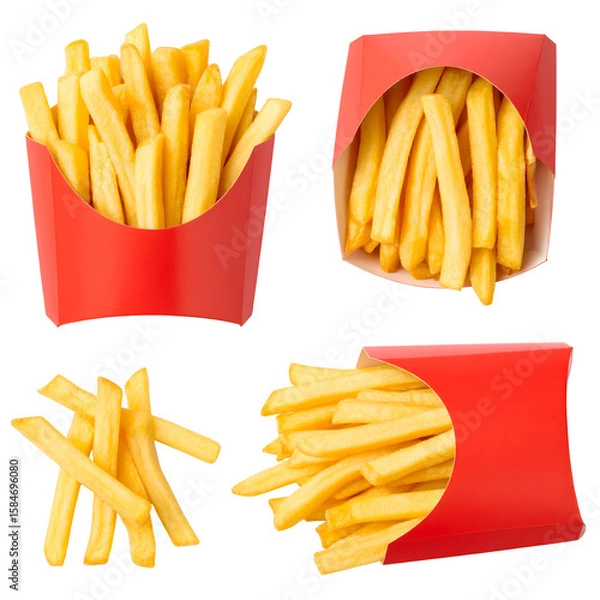 Obraz Golden French Fries in Red Cardboard Containers, Spilled Fries