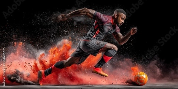 Fototapeta A football player sprints forward with explosive power and focus