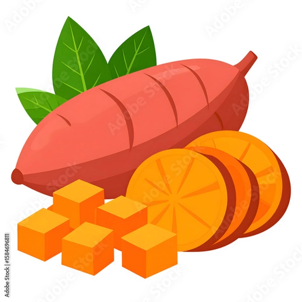 Obraz Isometric Sweet Potato, Orange Slices, and Cubed Mango with Green Leaves